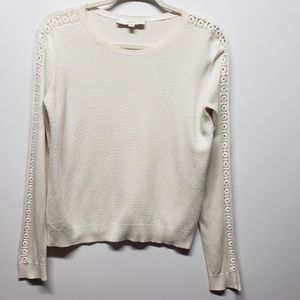 Loft cream crew neck sweater crochet sleeve